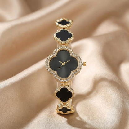 Luxury Clover Crystal Bracelet Watch in Gold | Elegant Floral Dial Jewellery Timepiece for Women