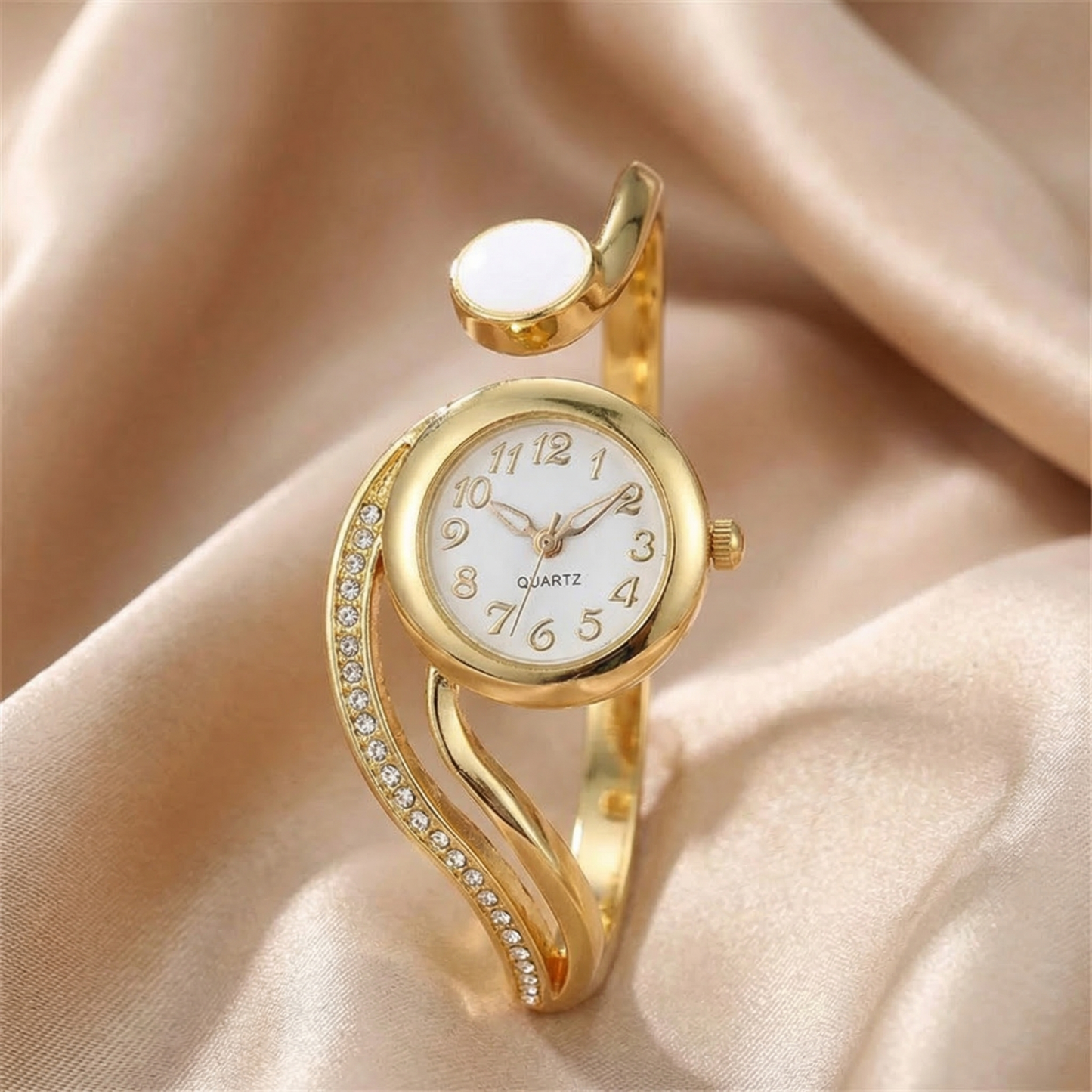 Luxury Crystal Wave Bracelet Watch in Gold, Silver & Rose Gold | Elegant Open Cuff Quartz Timepiece for Women
