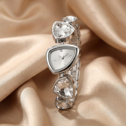 Luxury Geometric Gemstone Watch in Silver | Modern Triangle Dial with Blue, Champagne, Crystal & Black Stones