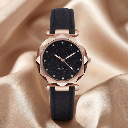 Luxury Faceted Crystal Dial Watch in Rose Gold & Black | Elegant Starry Night Timepiece