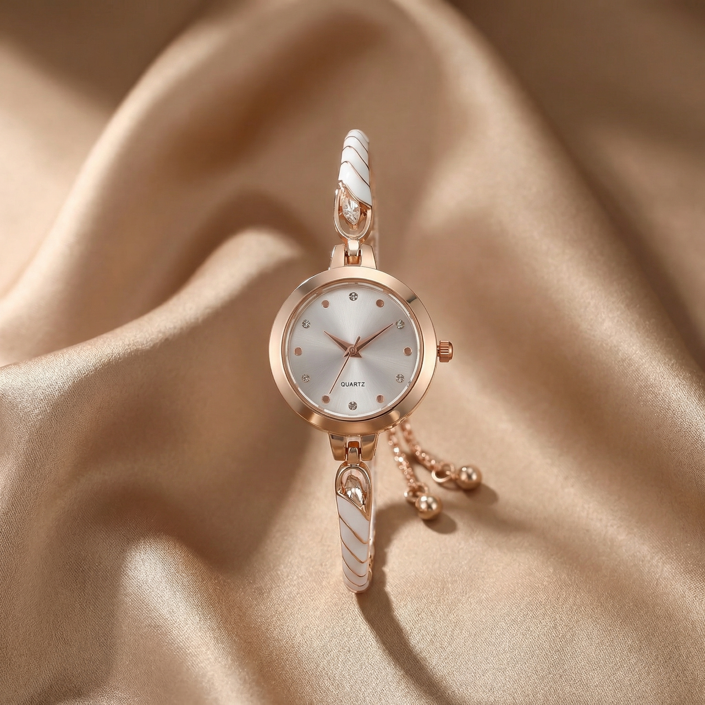 Elegant Adjustable Bracelet Watch in Gold with Black & White Accents | Minimalist Crystal Dial Timepiece