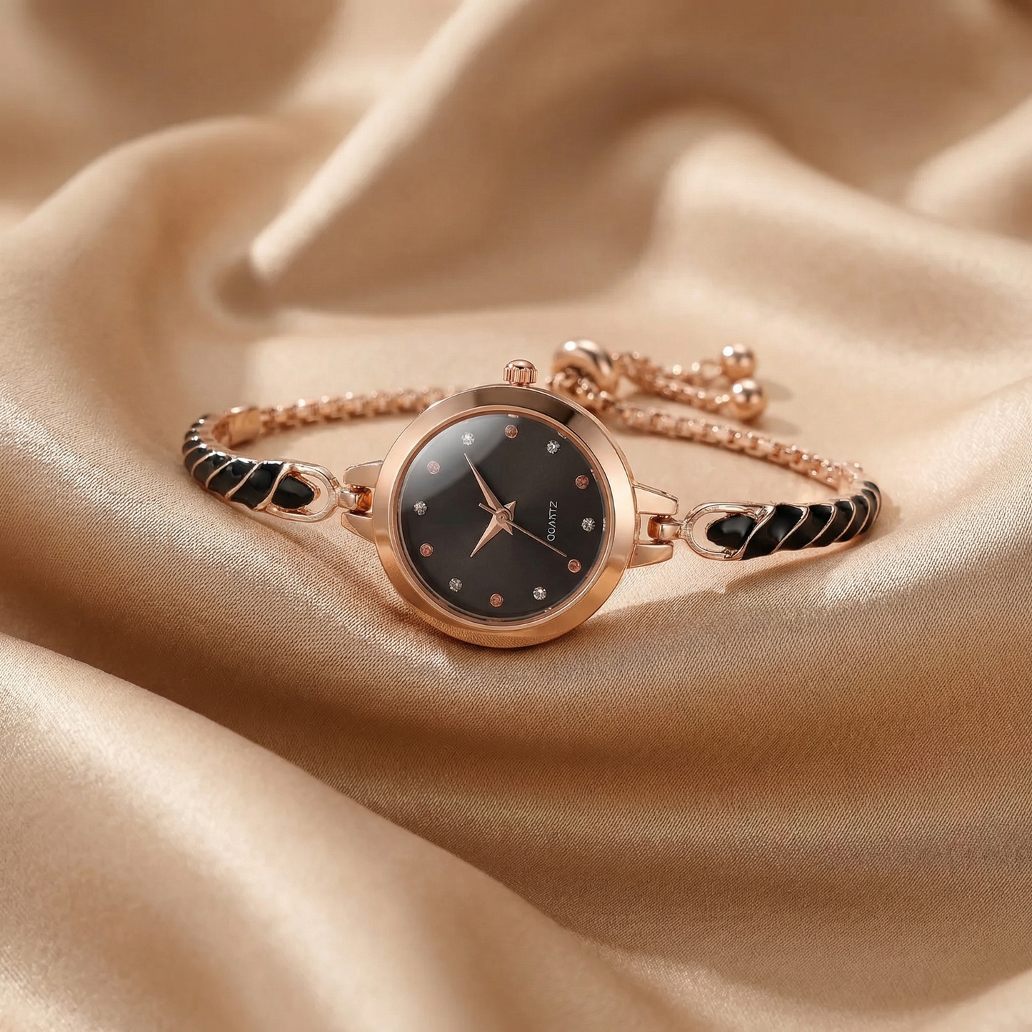 Elegant Adjustable Bracelet Watch in Gold with Black & White Accents | Minimalist Crystal Dial Timepiece