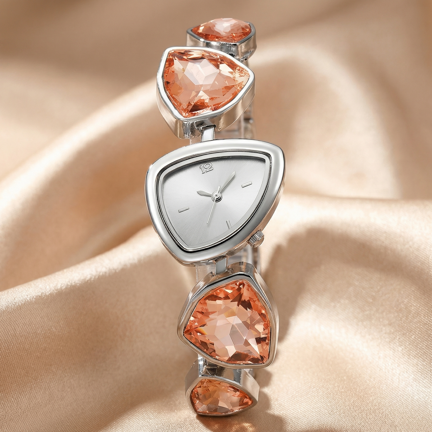 Luxury Geometric Gemstone Watch in Silver | Modern Triangle Dial with Blue, Champagne, Crystal & Black Stones