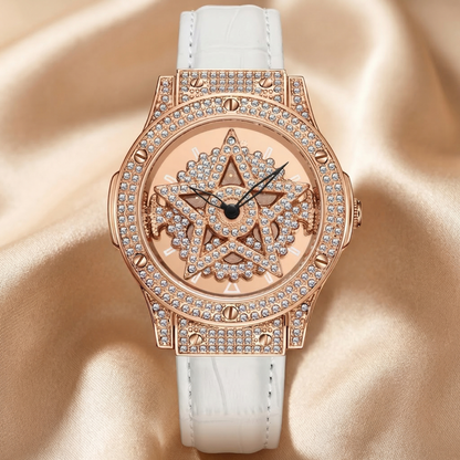 Luxury Crystal Star Dial Watch with White Leather Strap | Elegant Statement Diamond Timepiece