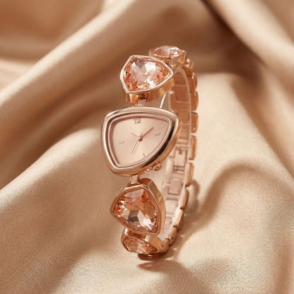 Luxury Triangle Gemstone Watch in Rose Gold | Elegant Statement Timepiece with Red & Champagne Crystals