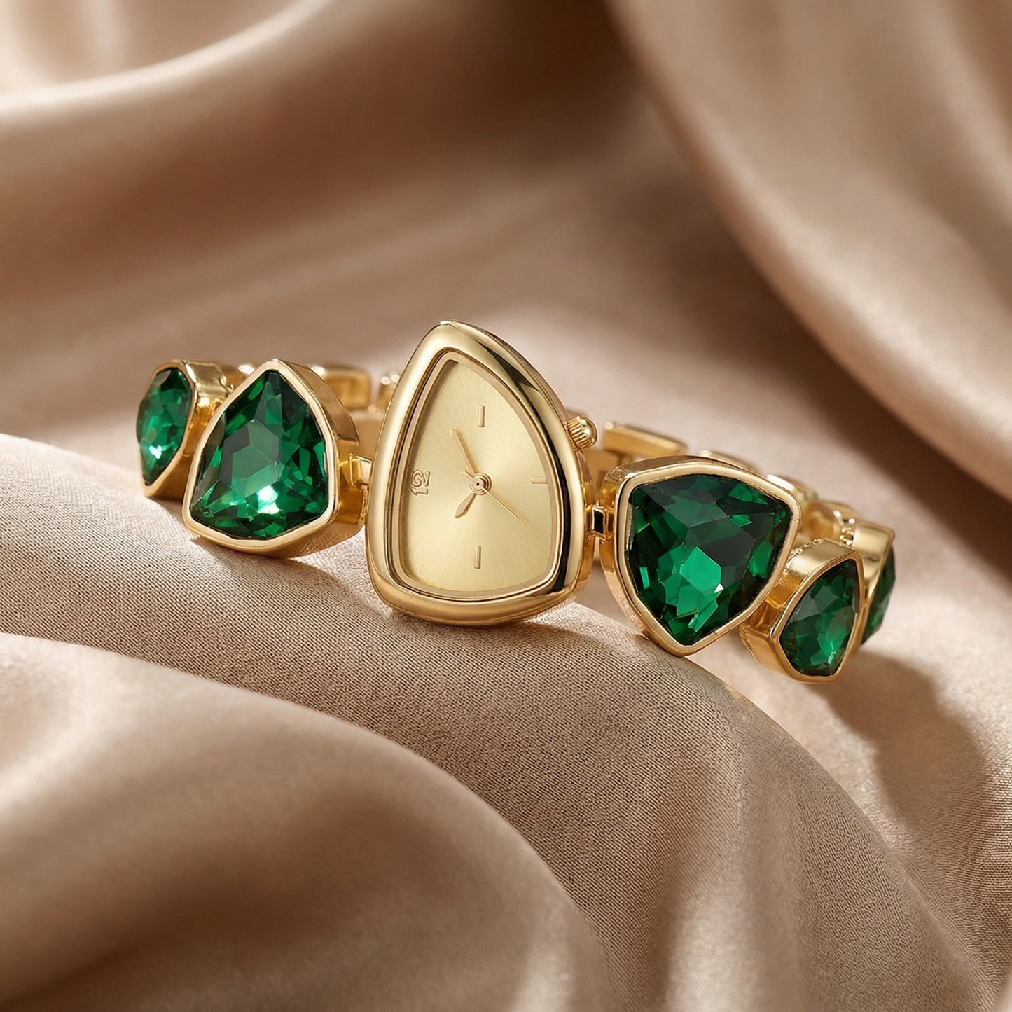 Luxury Geometric Gemstone Watch in Gold | Statement Triangle Dial with Emerald & Multicolor Crystals