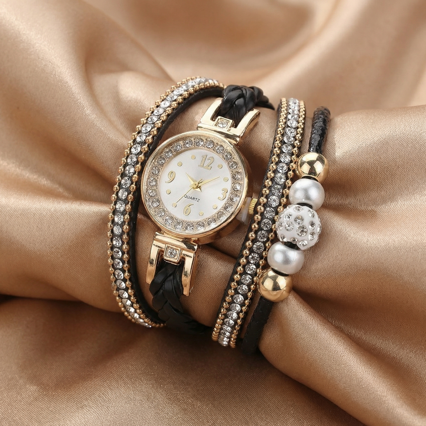 Luxury Crystal Wrap Bracelet Watch in Gold with Beige, White & Black Accents | Elegant Multi-Layer Timepiece