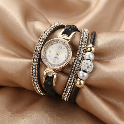 Luxury Crystal Wrap Bracelet Watch in Gold with Beige, White & Black Accents | Elegant Multi-Layer Timepiece