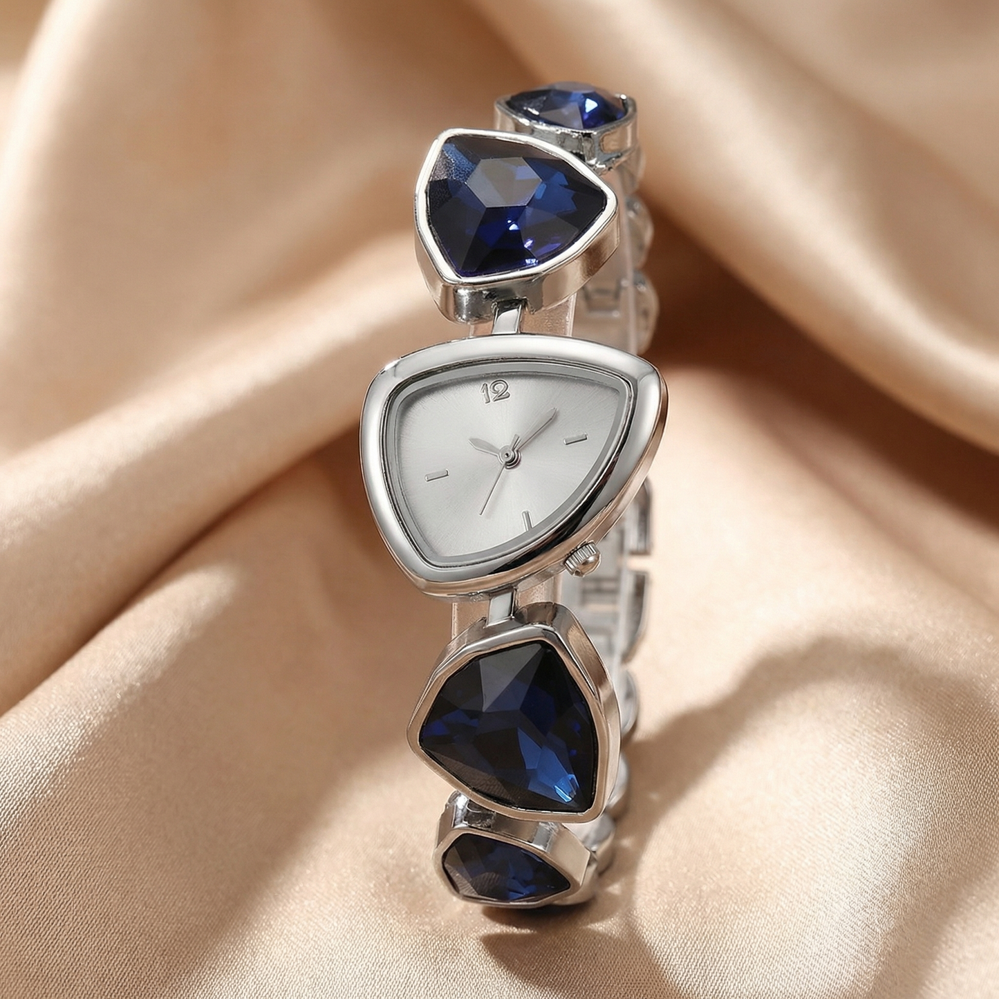 Luxury Geometric Gemstone Watch in Silver | Modern Triangle Dial with Blue, Champagne, Crystal & Black Stones