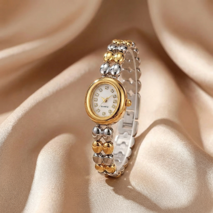 Luxury Beaded Bracelet Watch in Gold & Silver | Elegant Jewellery Style Quartz Timepiece with Crystal Dial