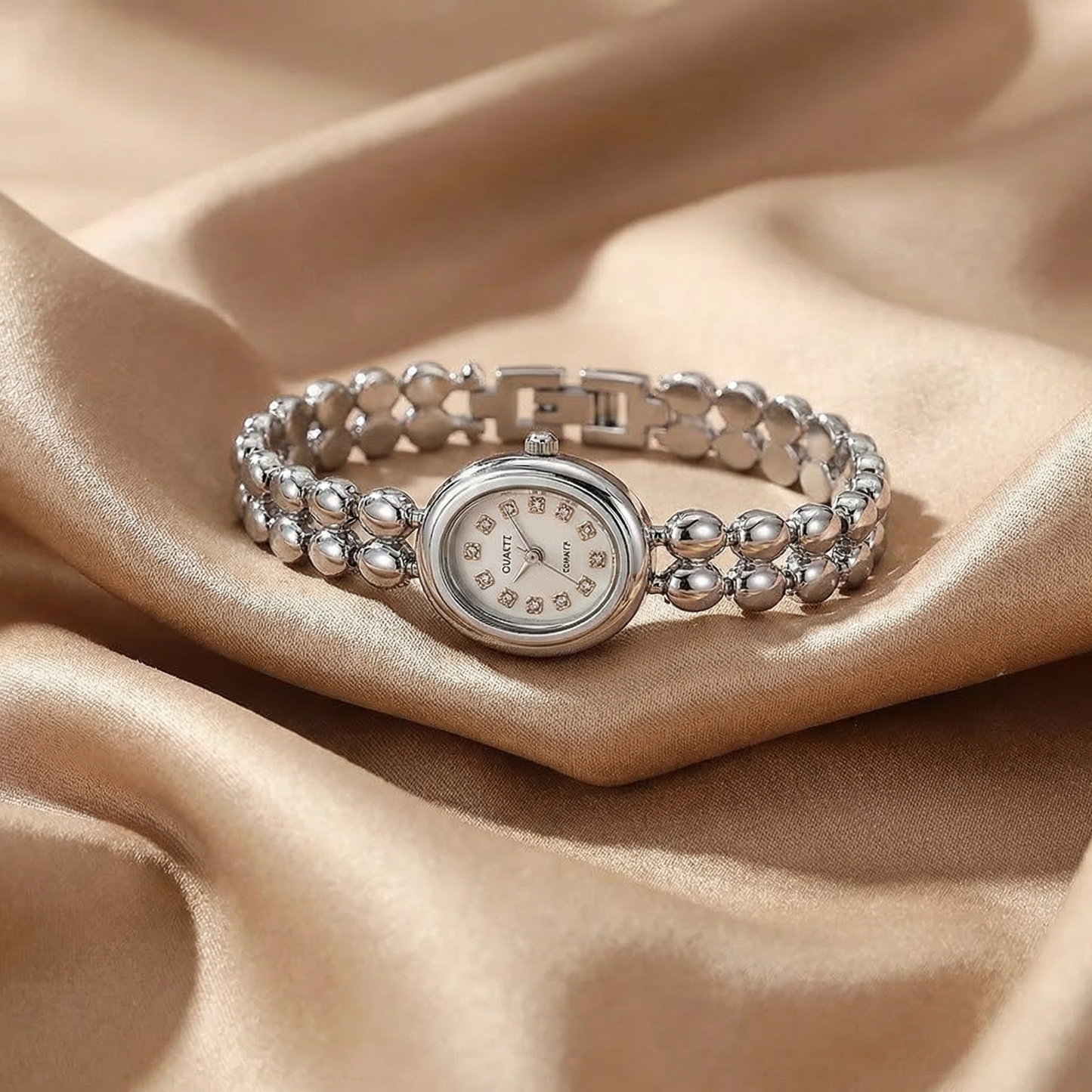 Luxury Beaded Bracelet Watch in Gold & Silver | Elegant Jewellery Style Quartz Timepiece with Crystal Dial