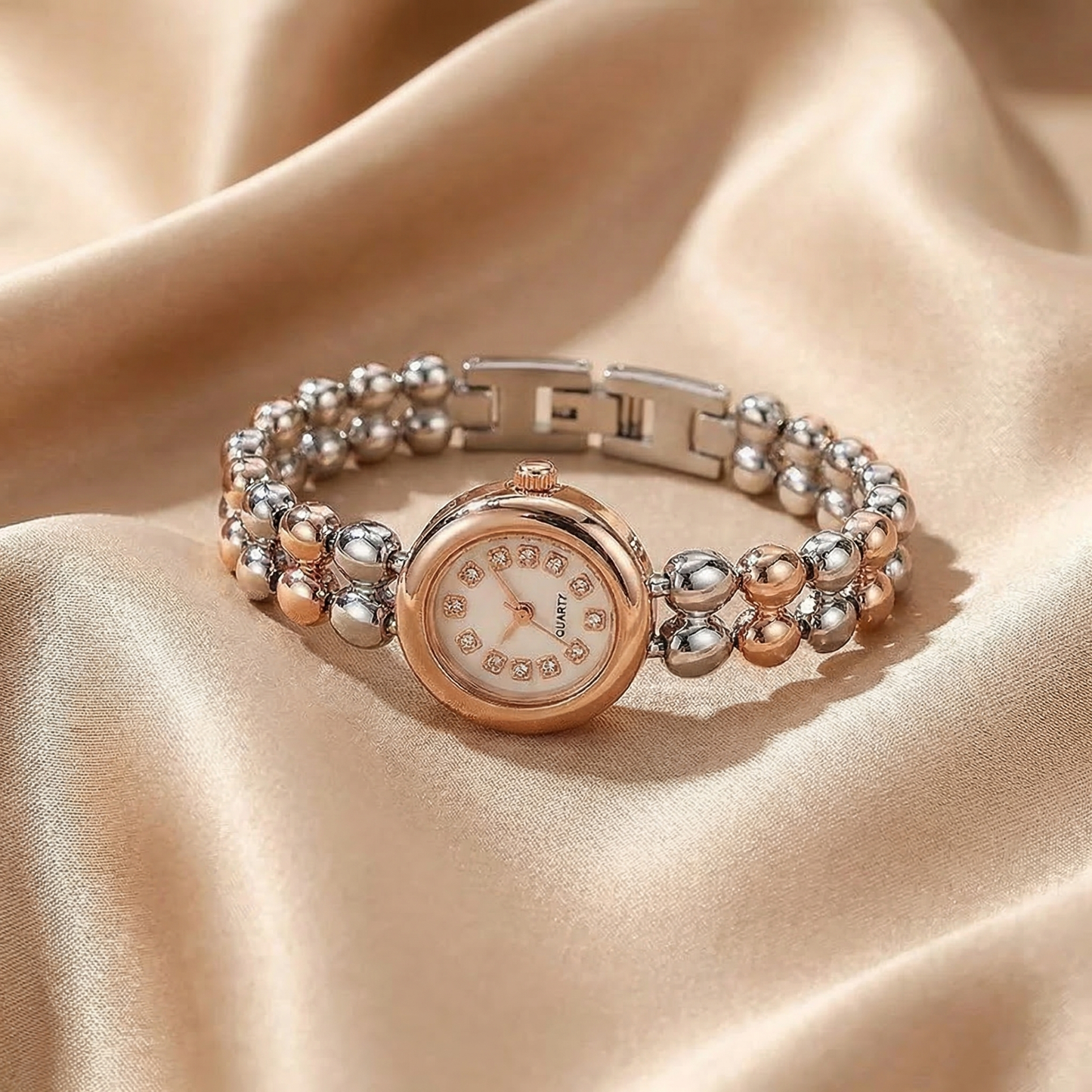 Luxury Beaded Bracelet Watch in Gold & Silver | Elegant Jewellery Style Quartz Timepiece with Crystal Dial
