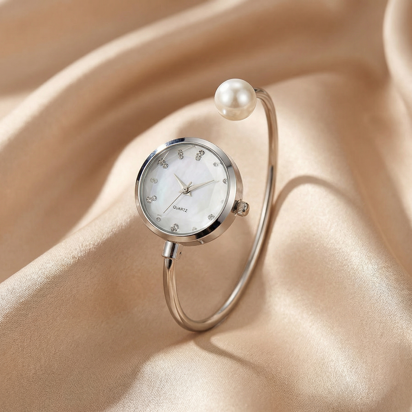 Elegant Pearl Accent Bangle Watch in Gold & Silver | Minimalist Open Bracelet Timepiece