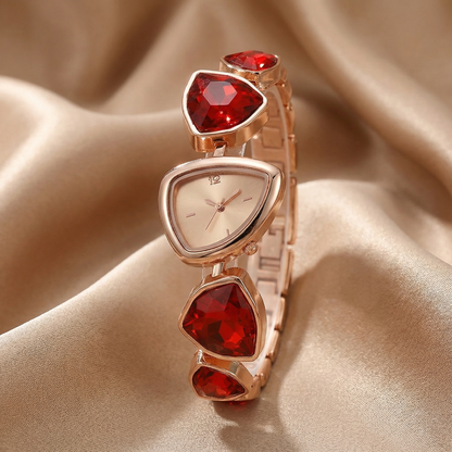 Luxury Triangle Gemstone Watch in Rose Gold | Elegant Statement Timepiece with Red & Champagne Crystals