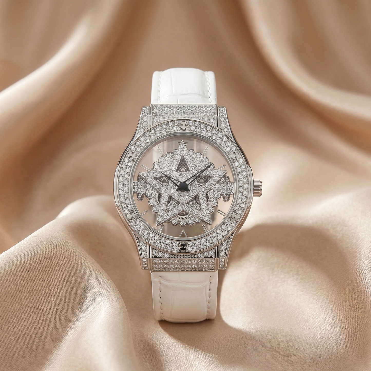 Luxury Crystal Star Dial Watch with White Leather Strap | Elegant Statement Diamond Timepiece