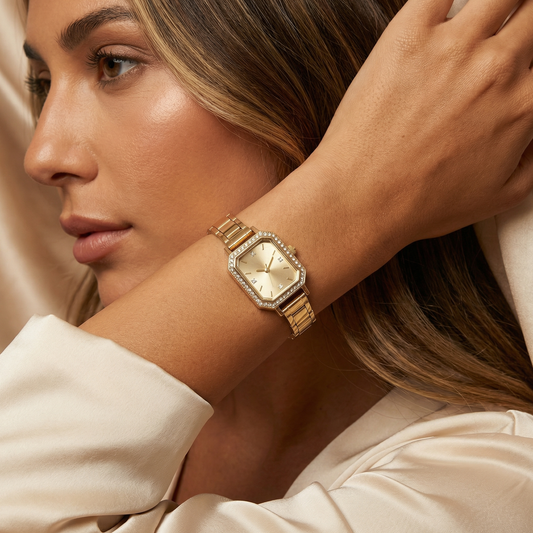 Gold Crystal Rectangle Watch for Women | Gold Stainless Steel Watch | Gold Champagne Black Dial Timepiece