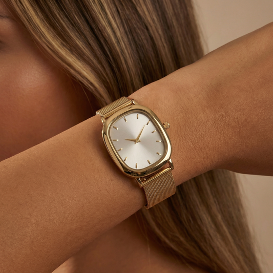 Gold Rose Gold Silver Minimal Square Mesh Watch for Women | Gold Rose Gold Silver Stainless Steel Watch | White Dial Timepiece