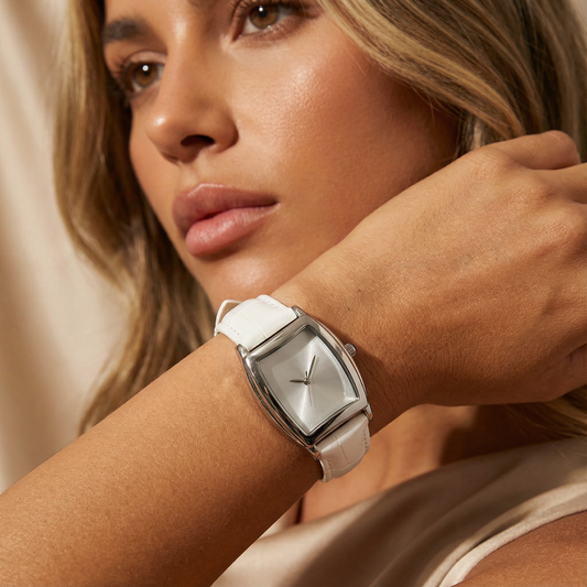 White Black Leather Stainless Steel Watch | Modern Square Dial Design | Women’s Timeless Accessories