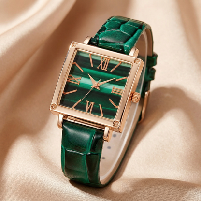Elegant Square Dial Watch in Green and Rose Gold | Refined Statement Timepiece for Timeless Style