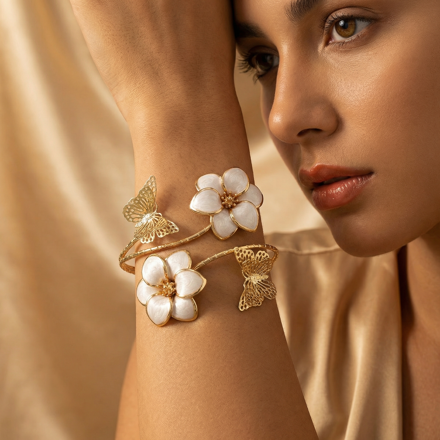 Luxury Floral Butterfly Cuff Bracelet in Gold | Open Adjustable Statement Bangle with White Enamel Flowers