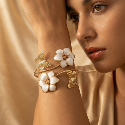 Luxury Floral Butterfly Cuff Bracelet in Gold | Open Adjustable Statement Bangle with White Enamel Flowers