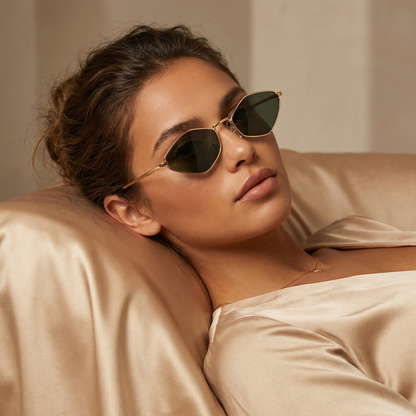 Modern Slim Hexagon Sunglasses in Gold with Green, Black & Brown Lenses | Lightweight Minimalist Metal Frame