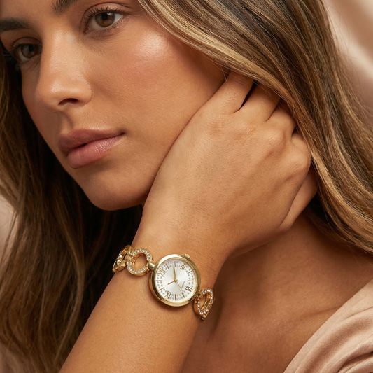 Luxury Crystal Link Bracelet Watch in Gold, Silver & Rose Gold | Elegant Roman Dial Jewellery Timepiece