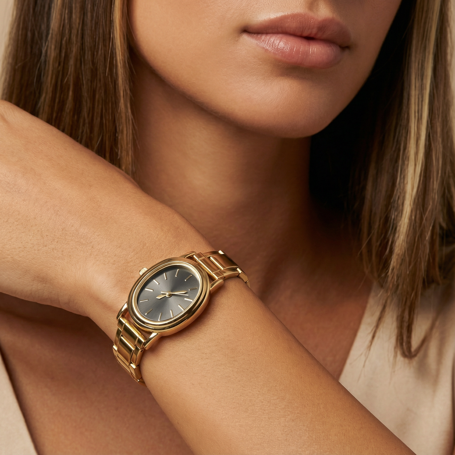 Gold, Light Gold & Silver Oval Watch | Stainless Steel Women’s Classic Bracelet Watch | Modern Everyday Timepiece