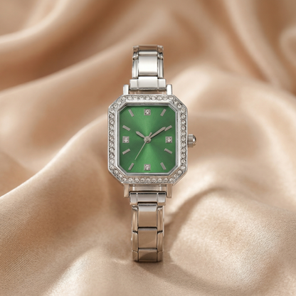 Silver Minimal Square Watch for Women | Silver Stainless Steel Watch with Stone Details | Green and White Dial Options