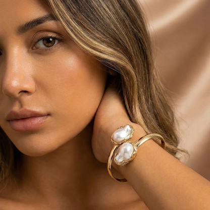 Minimalist Open Pearl Cuff Bracelet in Gold & Silver | Elegant Statement Design