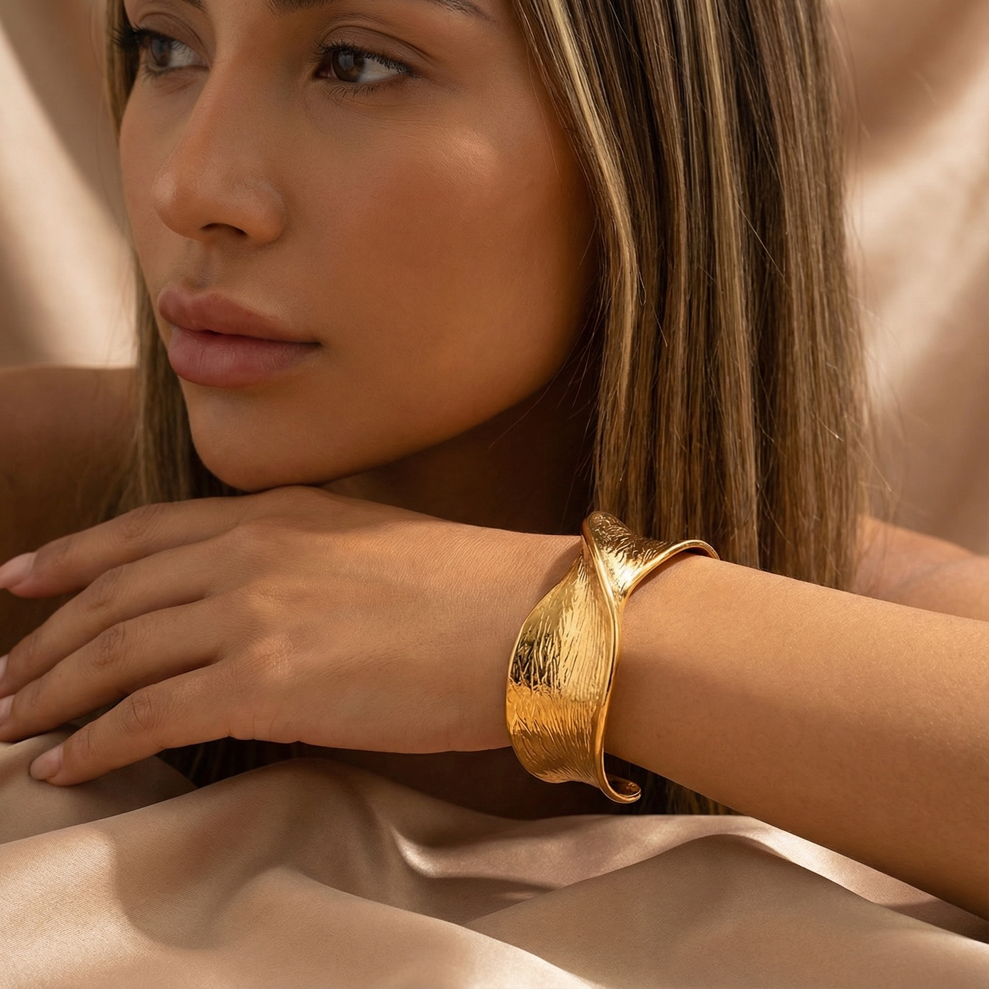 Sculptural Wave Cuff Bracelet | Gold Stainless Steel | Adjustable Fit | Modern Timeless Elegance