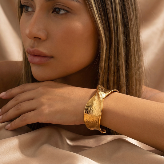 Sculptural Wave Cuff Bracelet | Gold Stainless Steel | Adjustable Fit | Modern Timeless Elegance