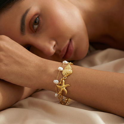 Elegant Coastal Charm Bracelet in Gold | Adjustable Pearl & Shell Chain Bracelet for Summer Style