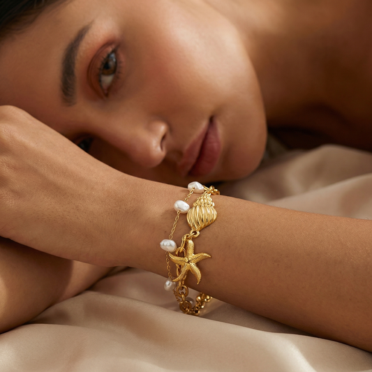 Elegant Coastal Charm Bracelet in Gold | Adjustable Pearl & Shell Chain Bracelet for Summer Style