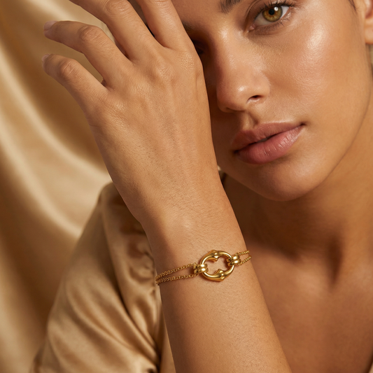 Minimalist Gold Double Chain Bracelet with Oval Link Charm | Elegant Layered Bracelet for Everyday Style