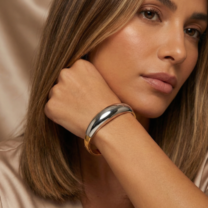 Dual-Tone Sculpted Bangle Bracelet in Gold & Silver | Modern Minimalist Design