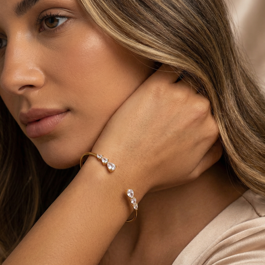 Minimalist Crystal Open Bracelet in Gold | Elegant Double Stone Design