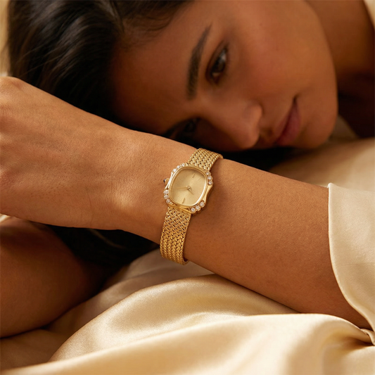 Elegant Mini Square Watch with Woven Metal Bracelet | Refined Gold and Silver Timepiece