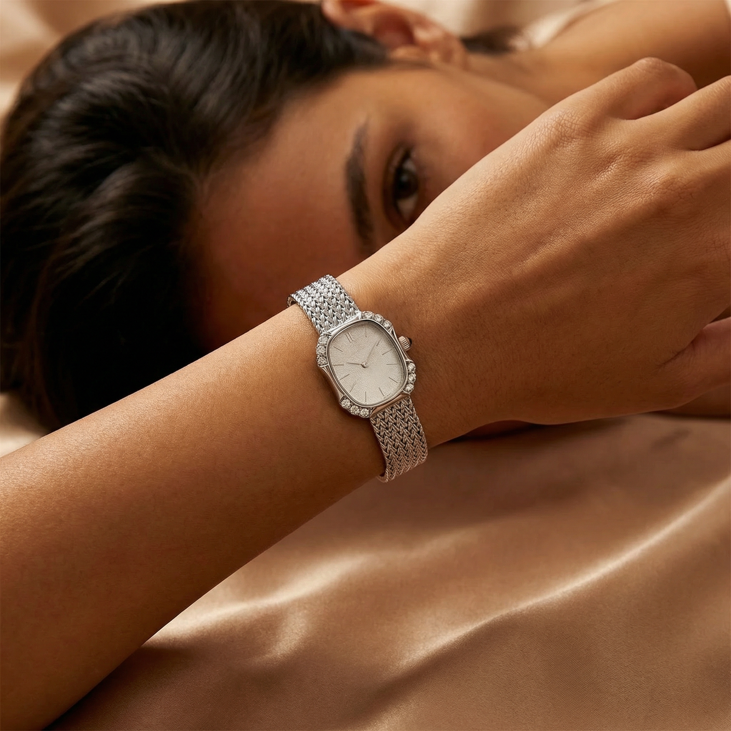 Elegant Mini Square Watch with Woven Metal Bracelet | Refined Gold and Silver Timepiece