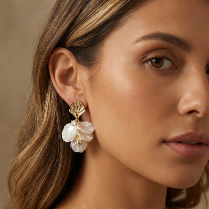 Luxury Floral Shell Drop Earrings in Gold & Pearl White | Elegant Statement Earrings for Spring & Summer Style
