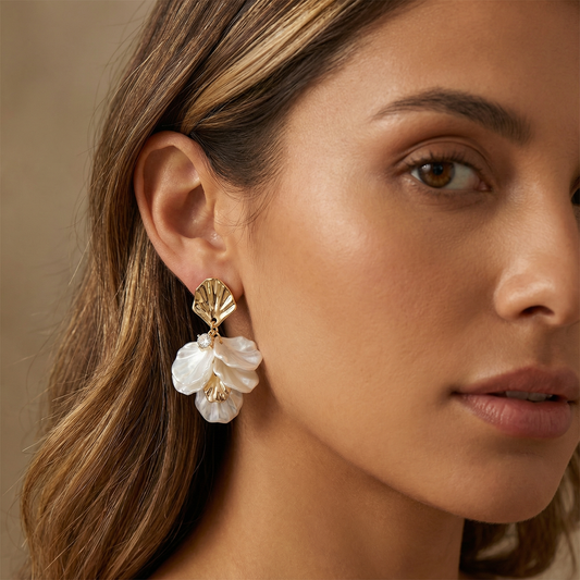 Luxury Floral Shell Drop Earrings in Gold & Pearl White | Elegant Statement Earrings for Spring & Summer Style