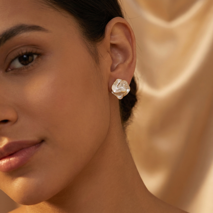 Luxury Sculpted Pearl Flower Stud Earrings in Gold | Elegant Organic Pearl Statement Earrings
