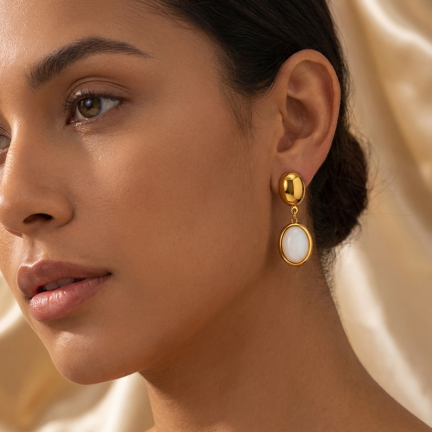 Luxury Oval Opal Drop Earrings in Gold | Elegant Stainless Steel Statement Earrings with Czech Opal