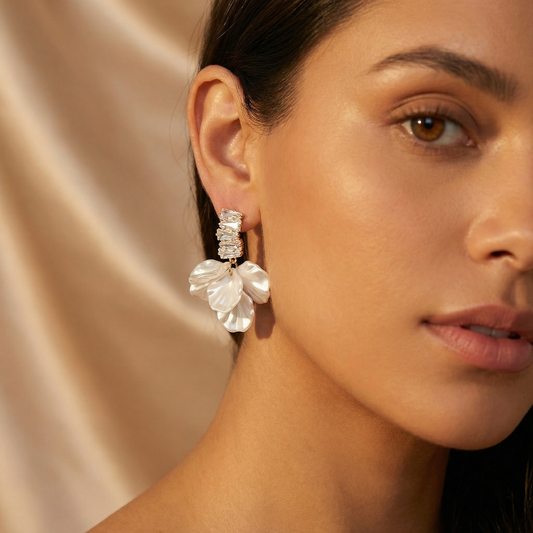 Floral Pearl Drop Earrings with Crystal Baguette Detail | Elegant Gold Statement Jewelry
