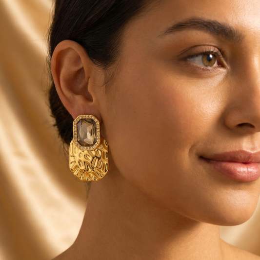 Luxury Geometric Crystal Statement Earrings in Gold | Sculpted Hammered Drop Earrings with Champagne Gemstone