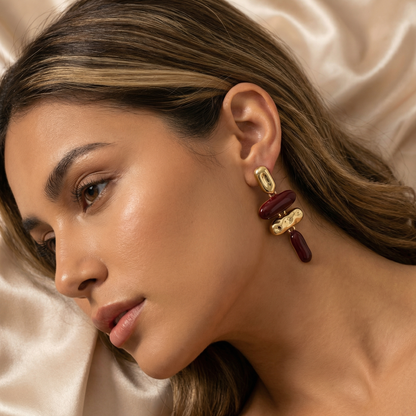 Brown & Bordeaux Red Gold Dangle Earrings for Women | Statement Drop Earrings | Textured Metal Design