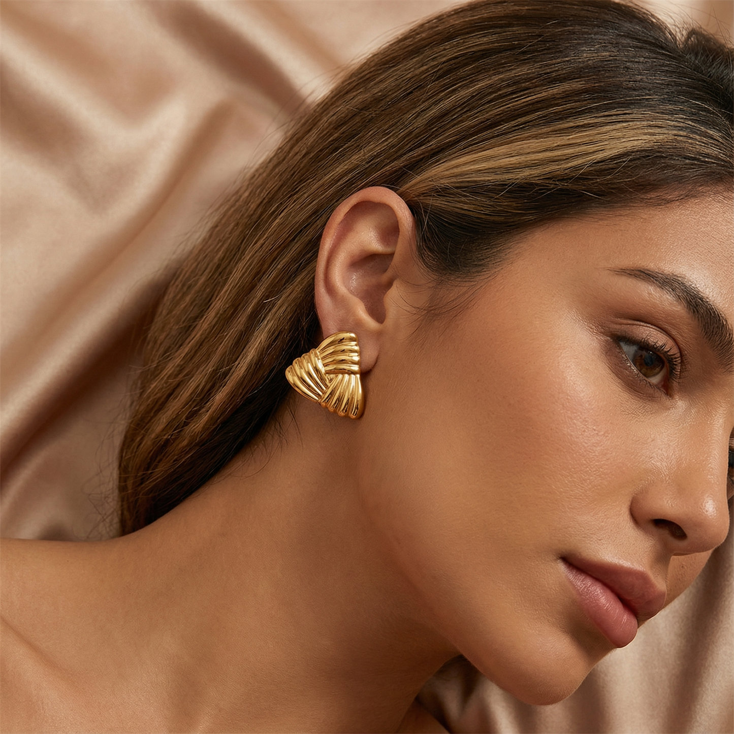 Gold Sculpted Stud Earrings for Women | Polished Stainless Steel Earrings | Modern Statement Jewelry