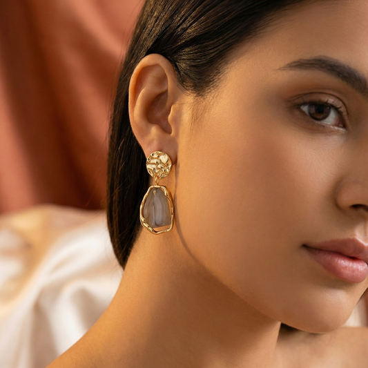 Luxury Textured Gold Drop Earrings with Natural Stone Effect | Statement Marble Resin Dangle Earrings in Brown, Grey & Ivory