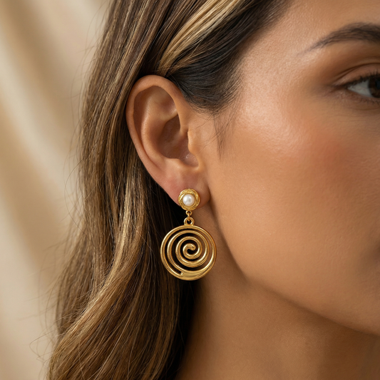 Elegant Spiral Drop Earrings in Gold with Pearl Detail | Lightweight Statement Earrings for Everyday & Occasion Wear