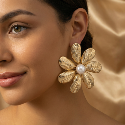 Oversized Gold Floral Statement Earrings with Pearl Centre | Bold Luxury Flower Earrings for Glamorous Evening Style